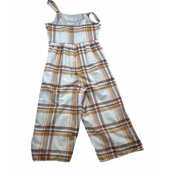 American Eagle Plaid Wide Leg Jumpsuit Linen Blend Size 12 Button Straps Pockets - Picture 6 of 12